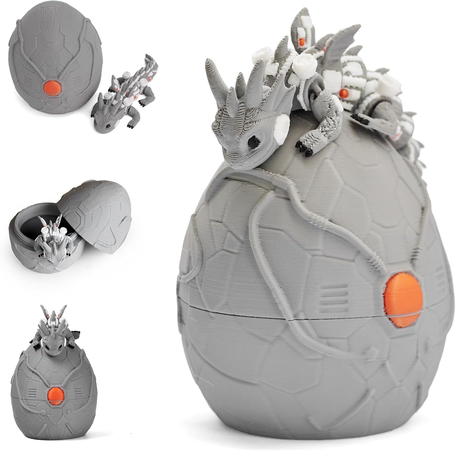 Yipintang 3D Printed Dragon Egg with Articulated Dragon Inside, Weighted Desktop Sculpture, Collectible Gift for Adults (Silver Mechanical Dragon Egg)