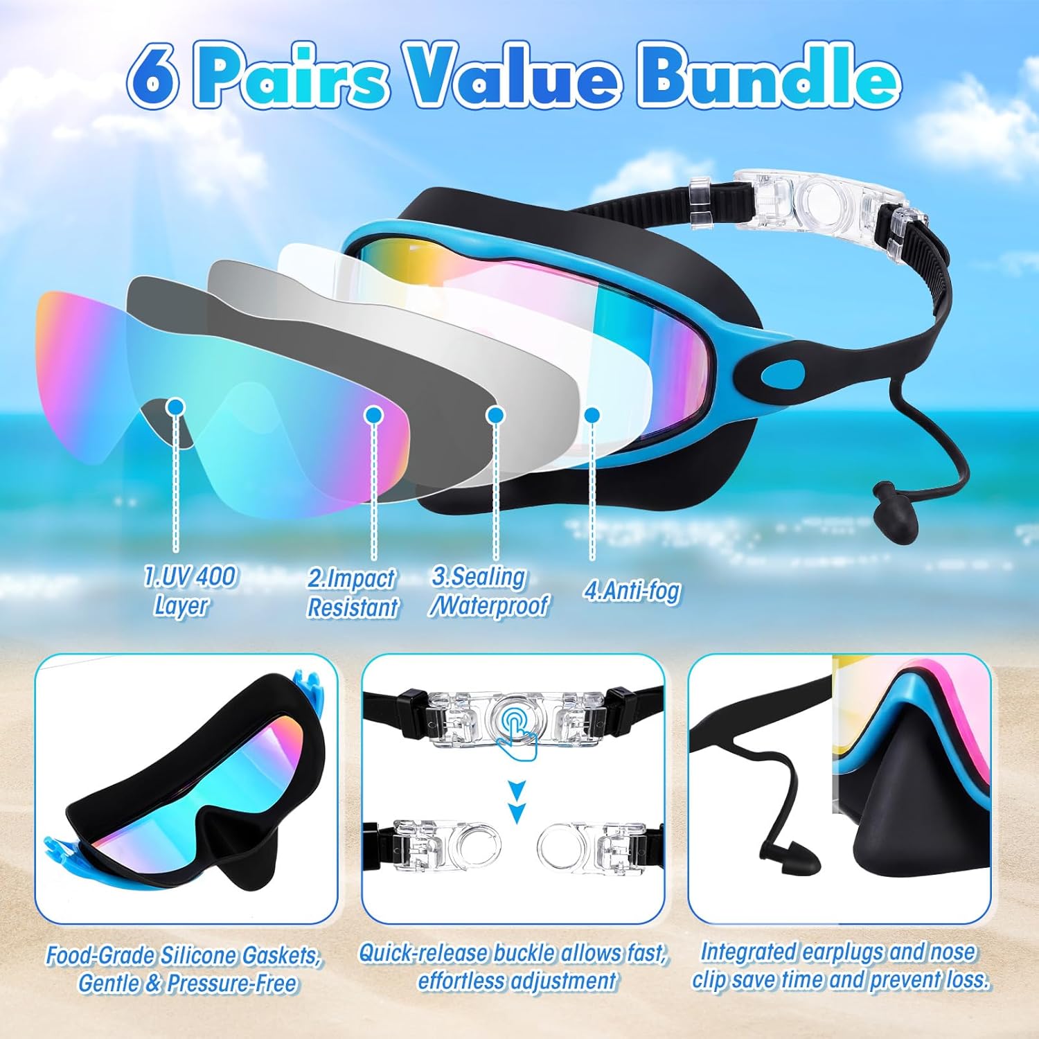 Kanayu 6 Pack Kids Swim Goggles with Nose Cover Earplugs Wide View Diving Mask Anti Fog UV No Leak Pool Swimming Goggles for Kids Youth 8-14