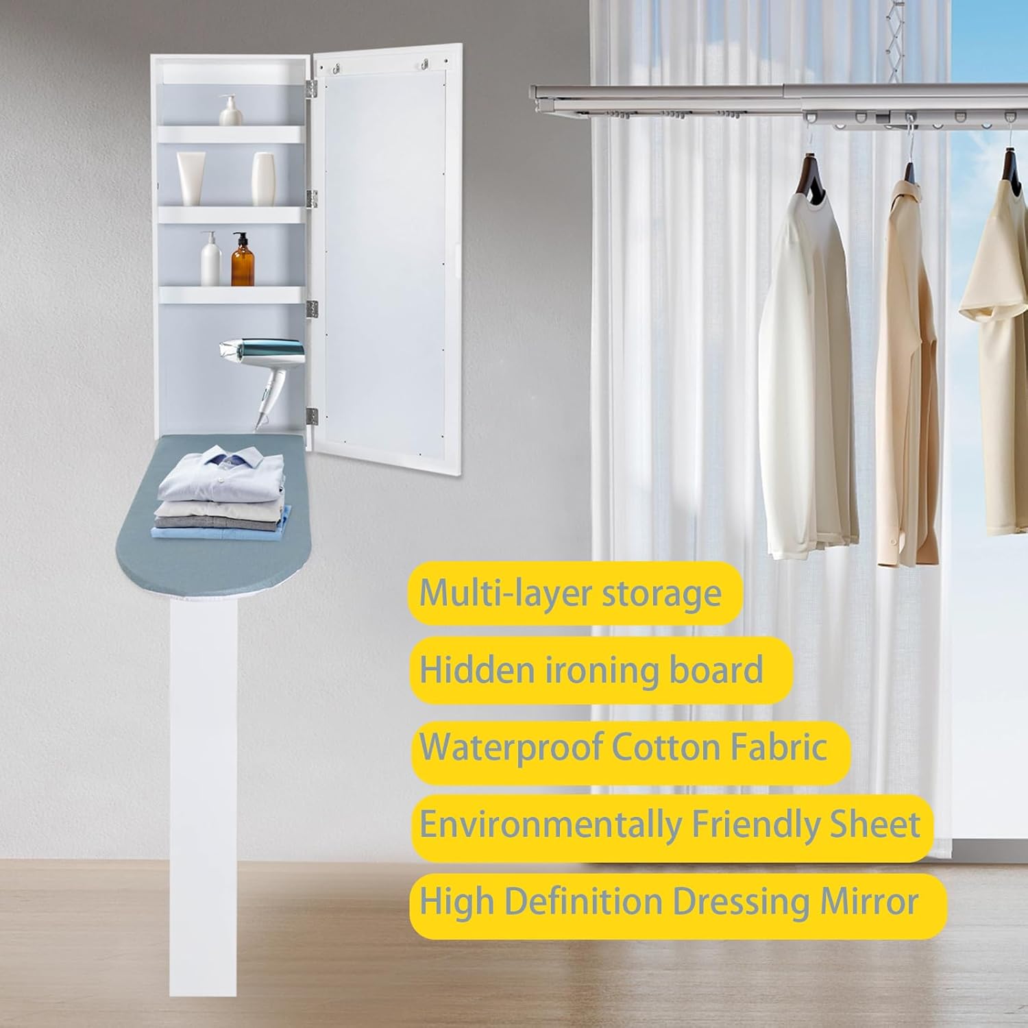 Wall-Mounted Ironing Board, Ironing Board Cabinet, in-Wall Recessed Ironing Board Cabinet with Storage Shelves, Built in Ironing Board & Folding Support Leg, Wall-Mounted Mirrors (Style A)