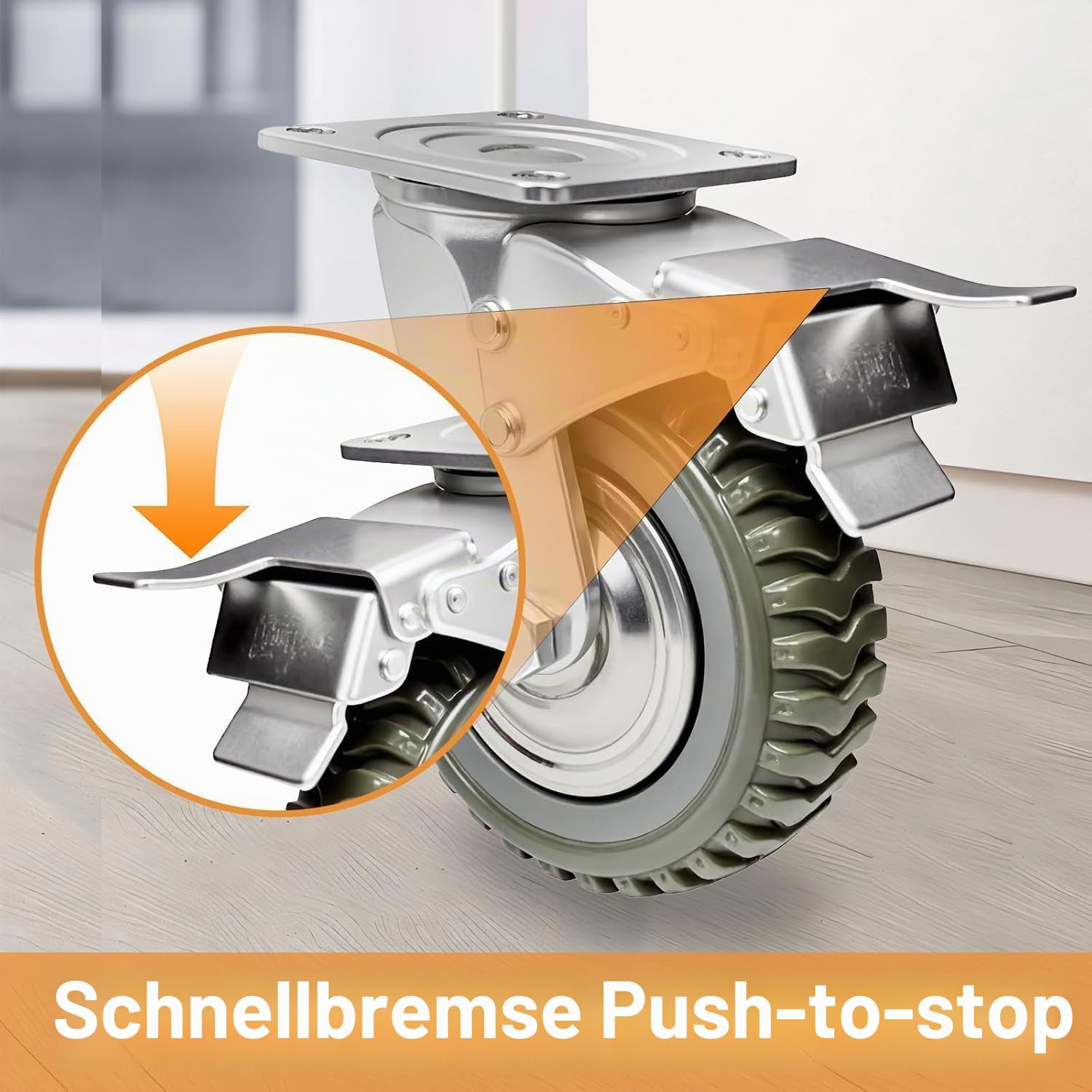 4 Stück 6 Zoll Schwerlastrollen 150mm Lenkrollen mit Bremse, 360°Drehbar Transportrollen Vollgummi Rollen Tragkraft 1000kg, 2 Bremsrollen + 2 Lenkrollen ohne Bremse