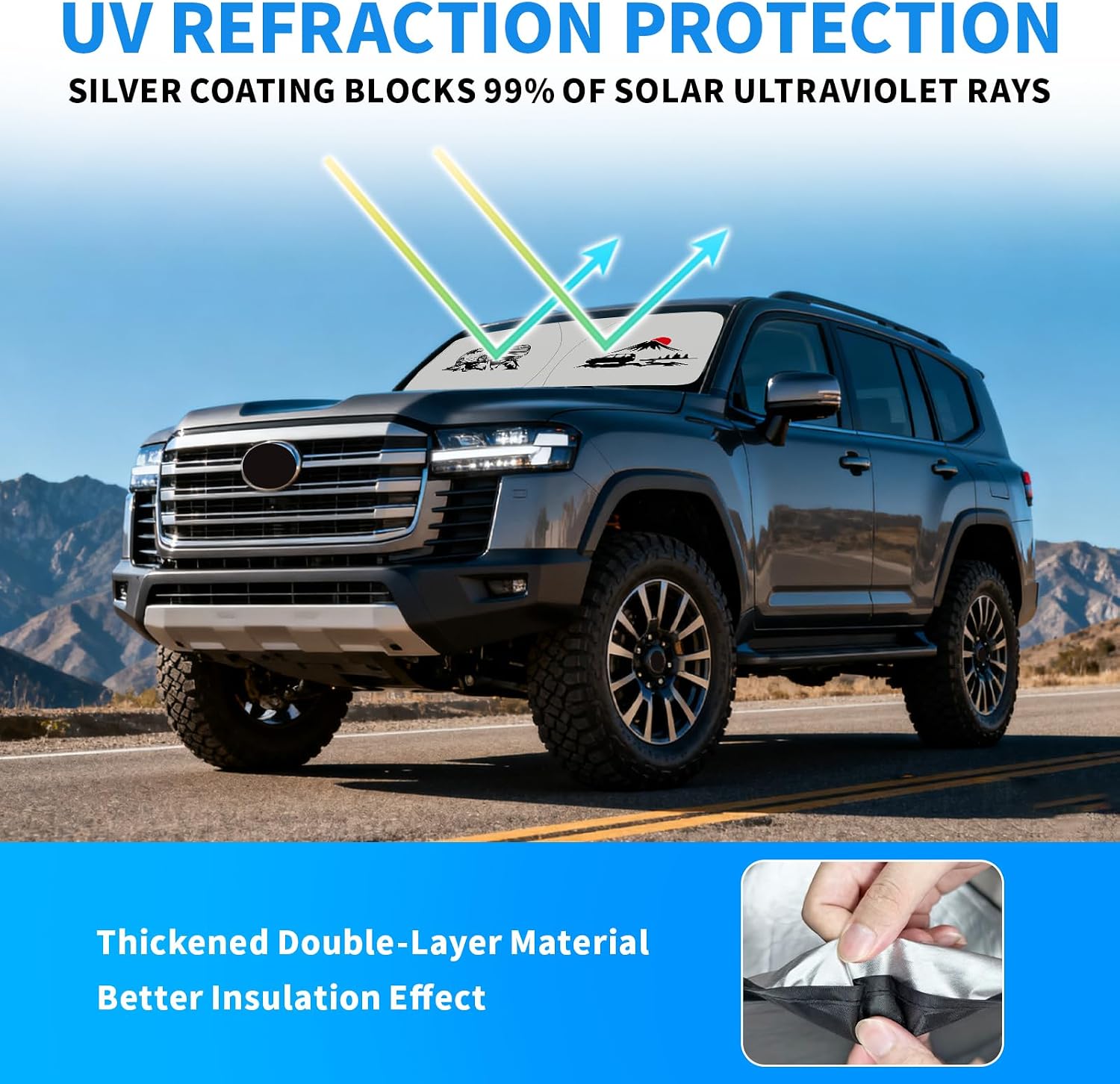 Thickened 2-Layer Windshield Sun Shade Fit for Toyota LC300 2022-2025 Car Front Window Covers Sun Visor Protector Foldable Blocks UV Rays Sunshade Shield Accessories (for LC300 Mount Fuji)