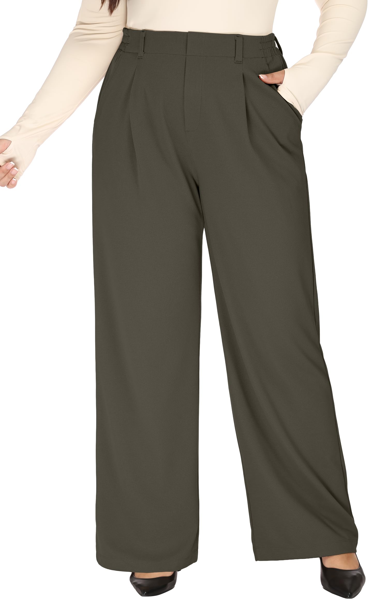 1X-5X Plus Size Wide Leg Dress Pants Women Pull On Stretchy Work Pants