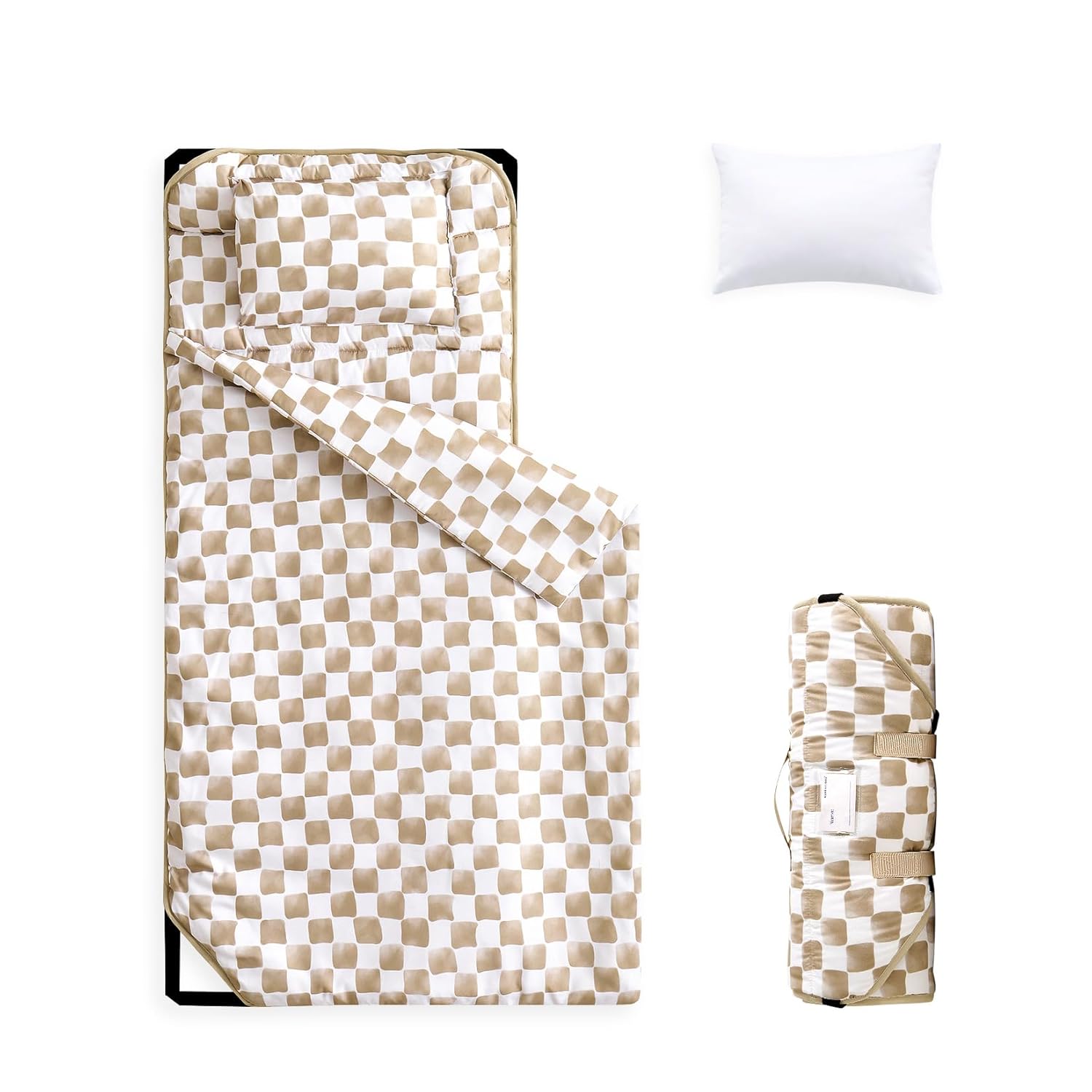 Wake In Cloud - Cot Nap Mat with Pillow and Blanket, for Toddler Kids Boys Girls in Daycare Kindergarten Preschool Pre K with Elastic Corner Straps, Gingham Grid Checkered, Black White