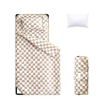 Wake In Cloud - Cot Nap Mat with Pillow and Blanket, for Toddler Kids Boys Girls in Daycare Kindergarten Preschool Pre K with Elastic Corner Straps, Gingham Grid Checkered, Brown White