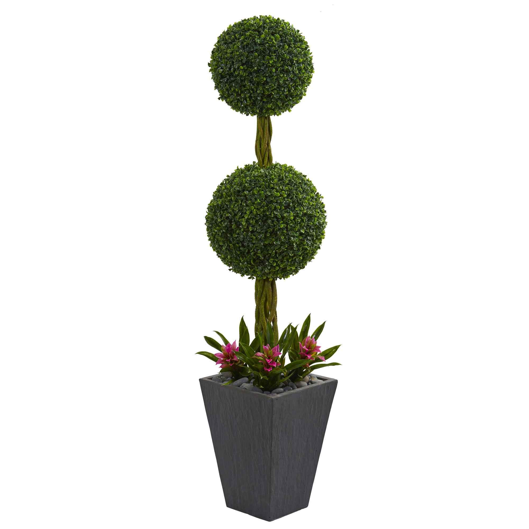 Nearly Natural 5ft. Double Boxwood Ball Topiary Artificial Tree in Slate Planter UV Resistant (Indoor/Outdoor)