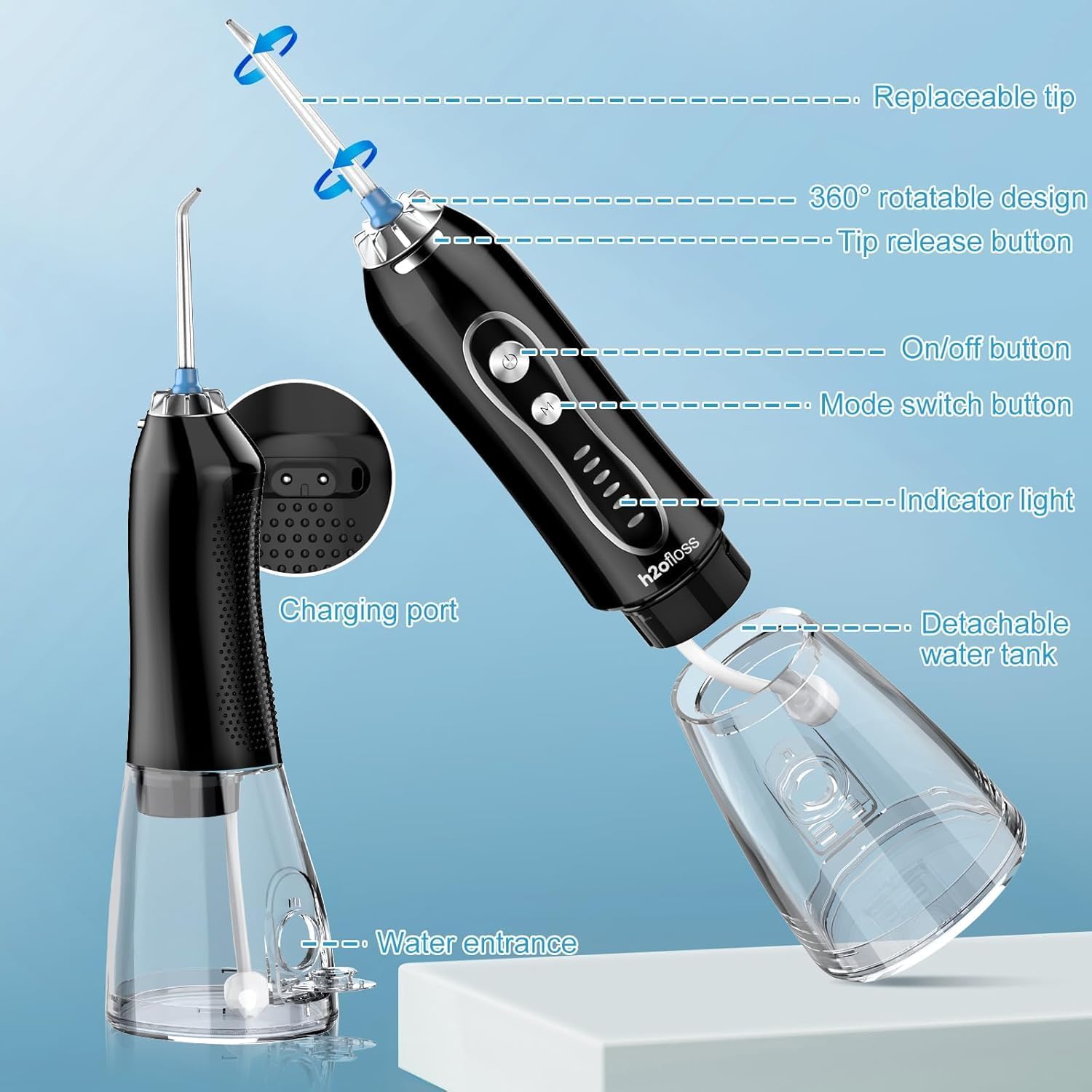 Mom's Aura Water Dental Flosser Teeth Pick -Portable Oral Irrigator with 5 Modes, Rechargeable IPX7 Waterproof Orthodontic Teeth Cleaner Pick Cordless for Home Travel-300ml Water Tank (black) 3
