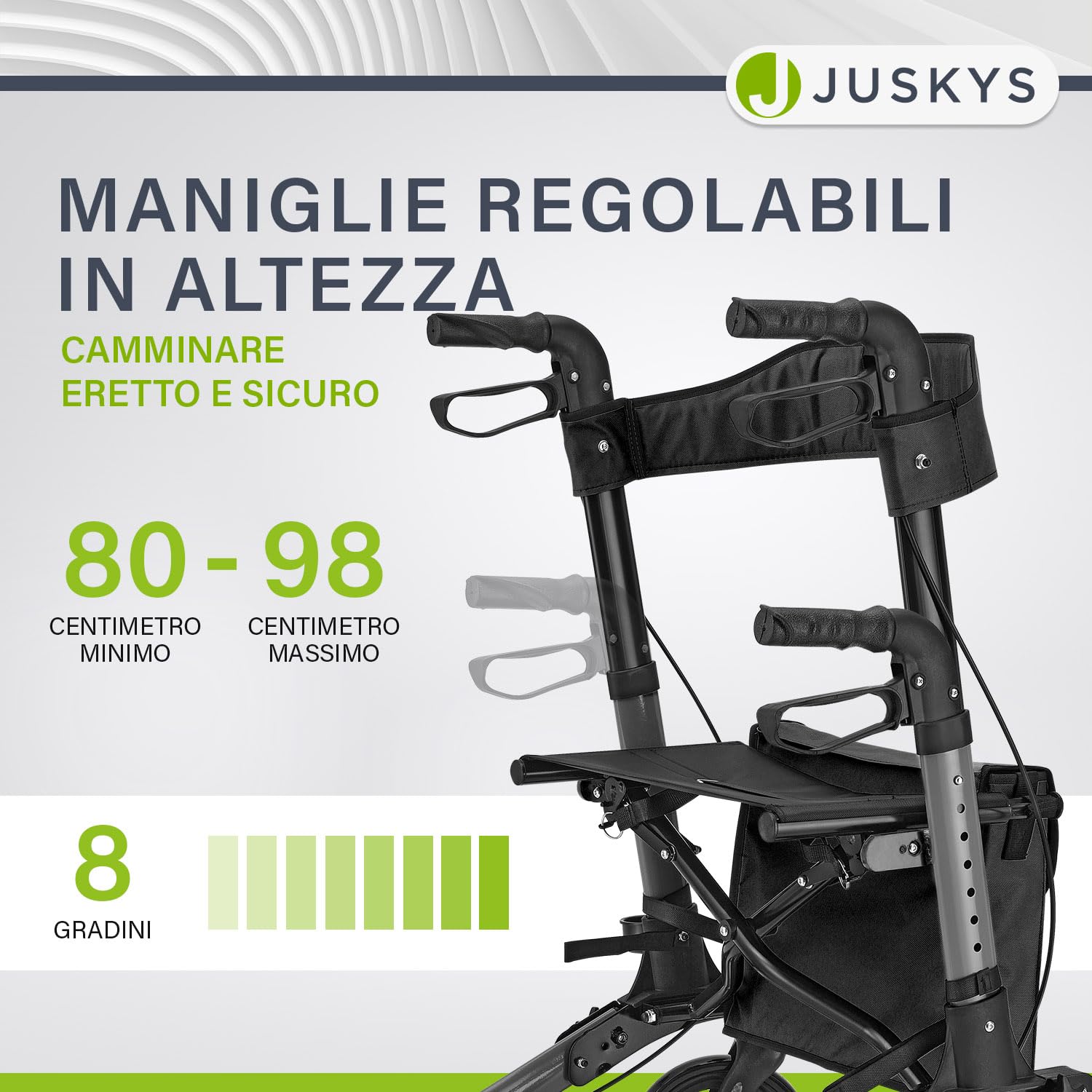 Juskys Rollator Vital nero – Aiuto per la deambulazione pieghevole e leggero in alluminio fino a 130 kg – Supporto per la deambulazione regolabile in altezza con sedile, borsa e supporto per ombrello