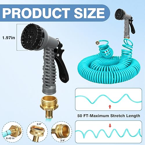 Miniatura 2 de Manguera de jardín ligera en espiral de 100 pies y 38 pulgadas, EVA, flexible, con 7 boquillas de función y conectores de latón para plantas de