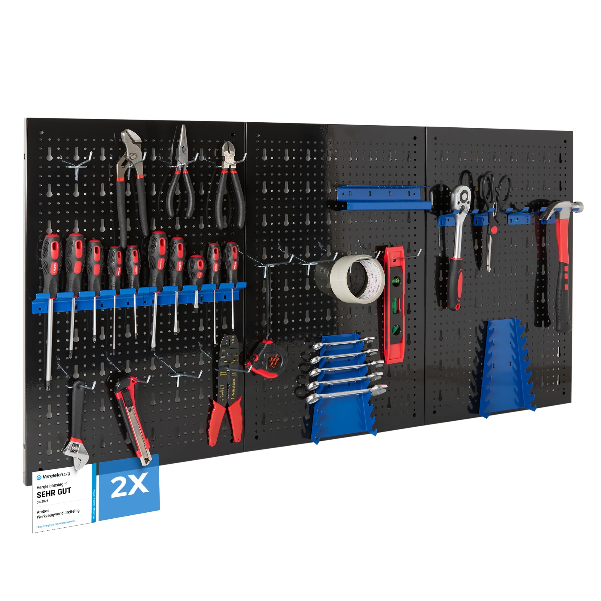 AREBOS Pannello Portautensili da Parete 6 Pezzi | Set Ganci 34 Pezzi | 235,2x59,5 cm | Pannello Forato in Metallo per Officina | Supporti per Attrezzi | Incl. Materiale di Montaggio | Blu