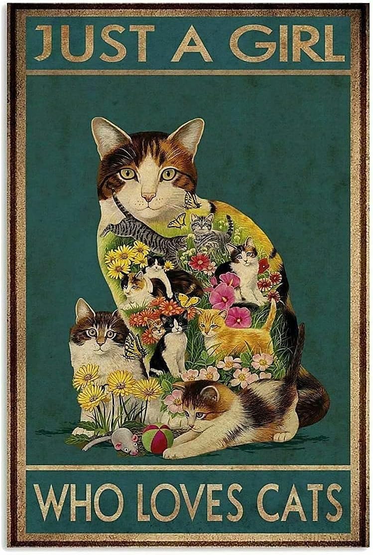 KILSPU Tattoo Cat Metal Sign Just A Girl Who Loves Cats Vintage Style Iron Painting for Home Bedroom Cafe Kitchen 8x12 Inch