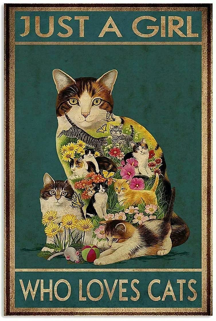 KILSPU Tattoo Cat Metal Sign Just A Girl Who Loves Cats Vintage Style Iron Painting for Home Bedroom Cafe Kitchen 8x12 Inch