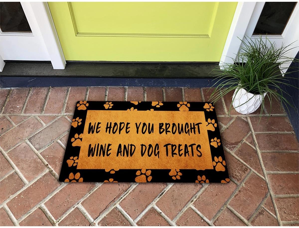 GXFC Welcome Mat with Rubber Back Funny Doormat for Entrance Way We Hope You Brought Wine and Dog Treats Monogram Mats for Front Door Mat No Slip Kitchen Rugs and Mats 30"(L) x 18"(W)