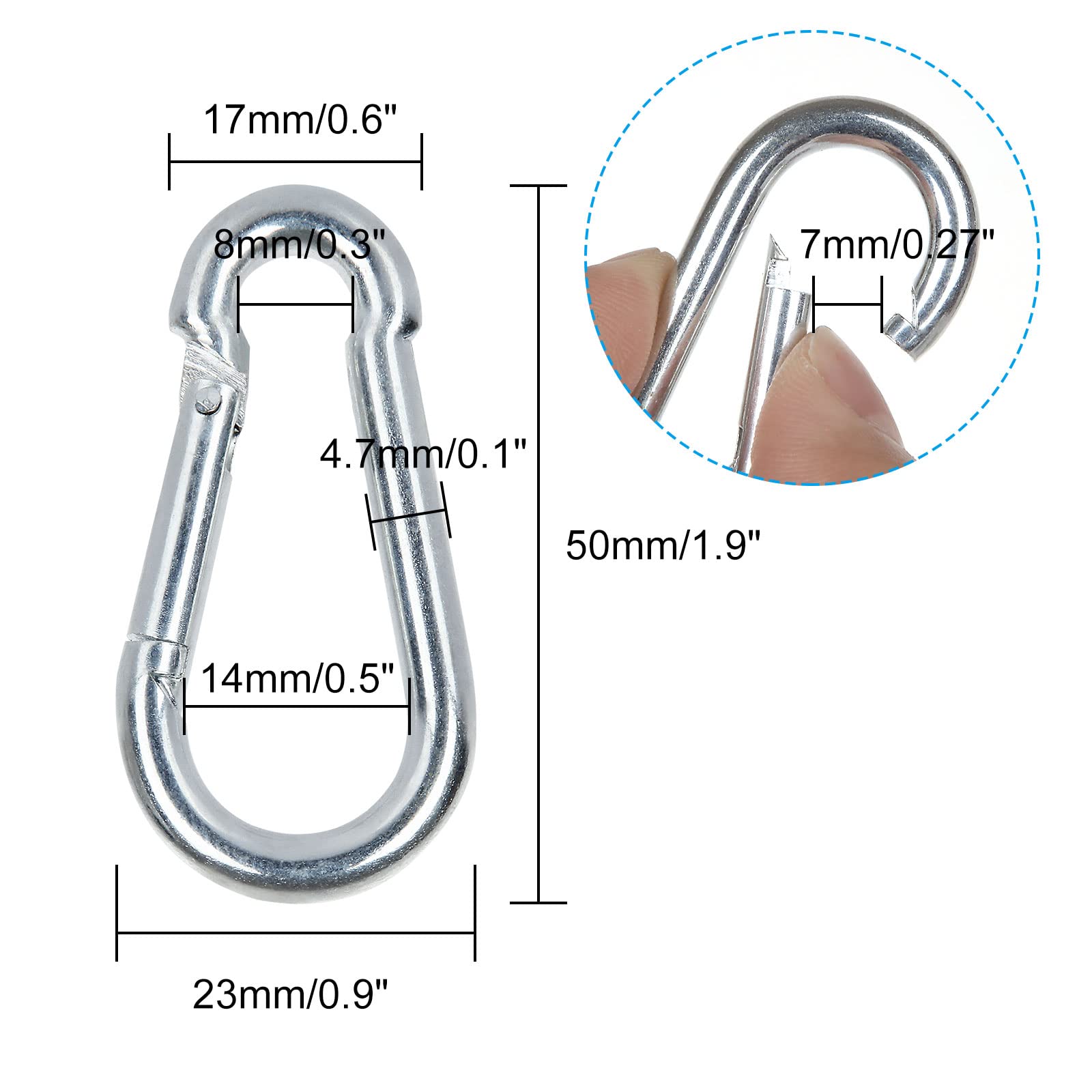 SENENQU M5 Mousqueton Acier Galvanisé, 60 PCS Mousqueton de Fixation pour Charges Lourdes - Capacité de Charge de 100 kg/220 LB, Crochet Mousquetons Balancoire - 50mm x φ5 mm