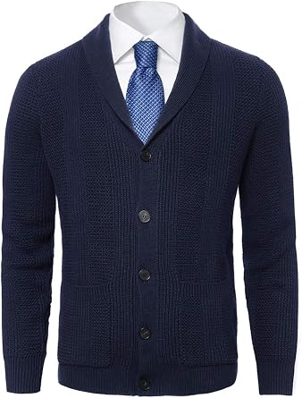 ZHILI Mens Shawl Collar Cardigan Sweater,Cable Knit Button up 100% Cotton Sweater with Pockets