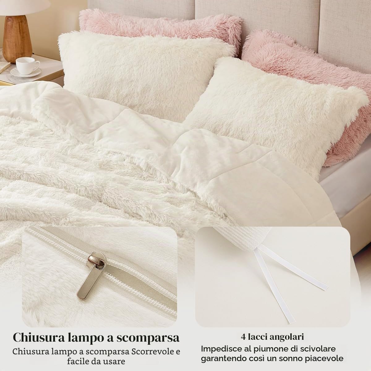 Sacebeleu Set di biancheria da letto in peluche, 135 x 200 cm, bianco crema, caldo inverno, soffice flanella, copripiumino con chiusura lampo e 1 federa 80 x 80 cm