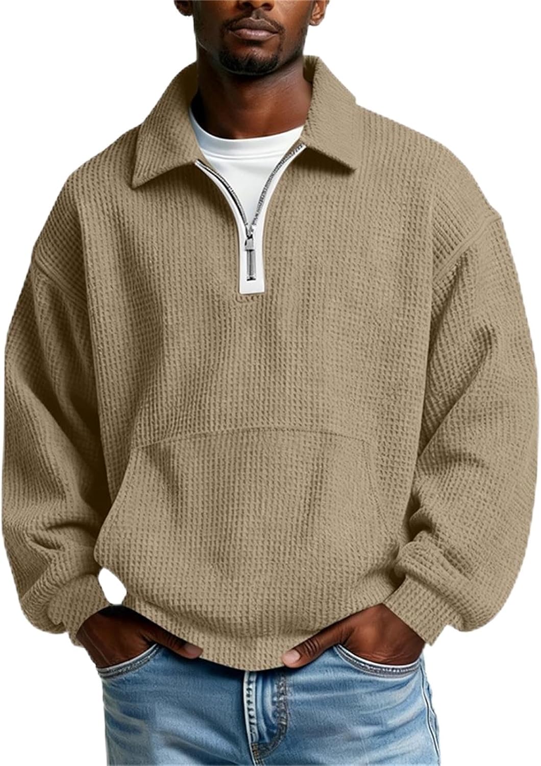 Cambkatl Quarter Zip Waffle Sweatshirt for Men Stylish Loose V Neck Long Sleeve Lightweight Business Casual Pullovers