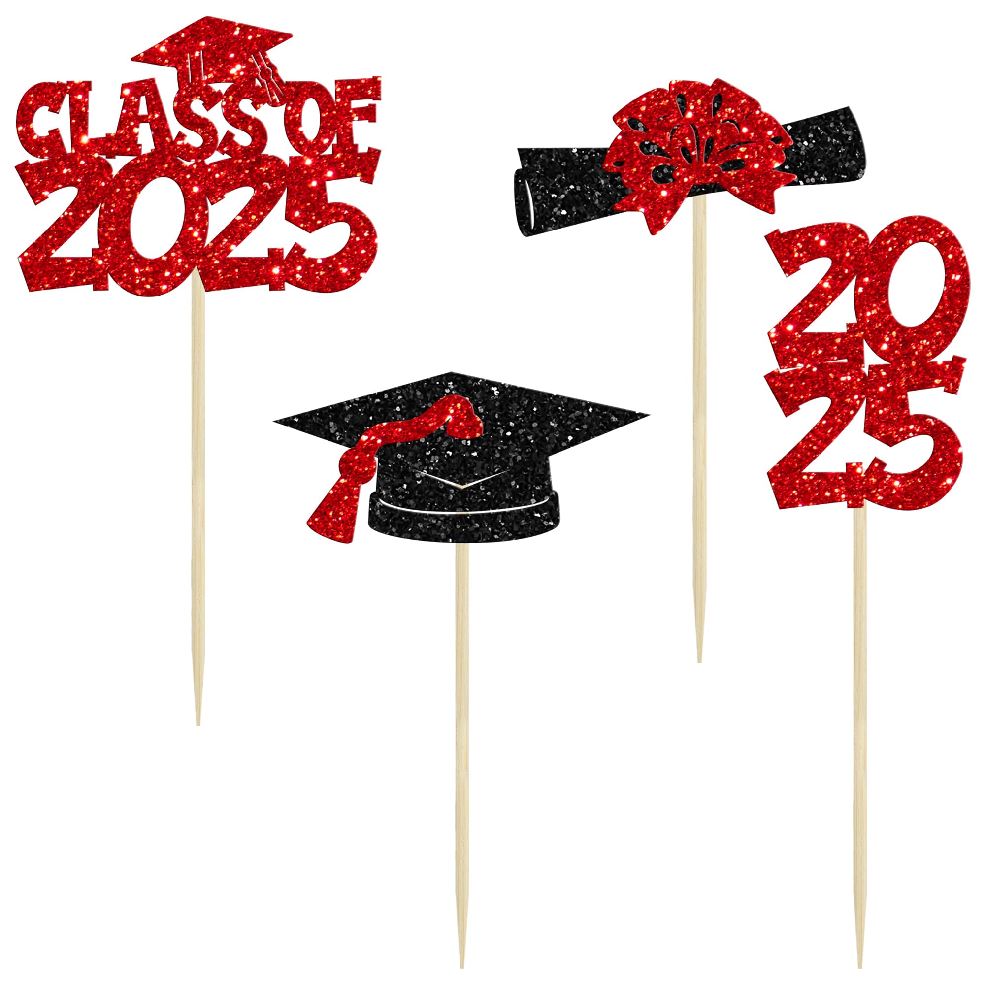Ephlyn 36Pcs 2025 Graduation Theme Cupcake Toppers Glitter Class of 2025 Congrats Grad Diploma Graduation Cap Cupcake Picks for 2025 Graduation Theme Party Cake Decorations Supplies Red - Image 3