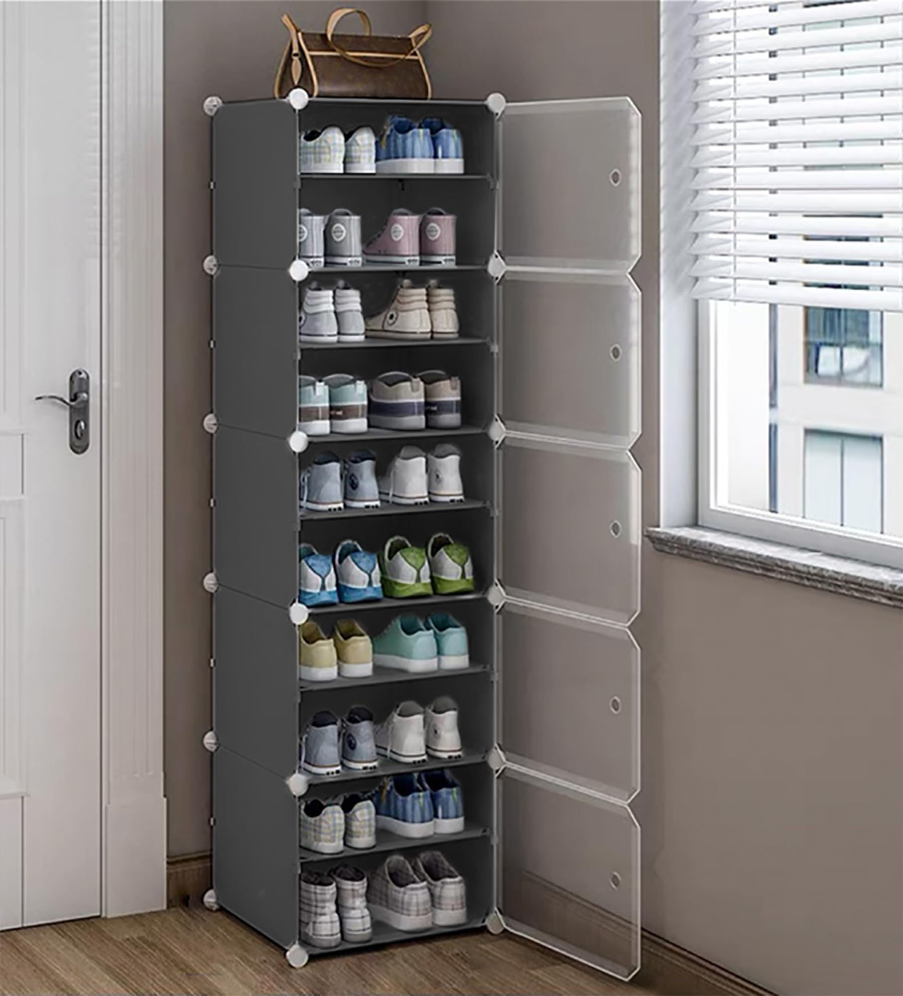 AYSIS 𝟏𝟎 𝐓𝐢𝐞𝐫 Shoe Rack for Home with Transparent Doors, Modular Dustproof Shoe Storage Cabinet, Foldable Plastic Space Saving Shoe Stand Organizer for Entryway, Bedroom & Living Room - Grey