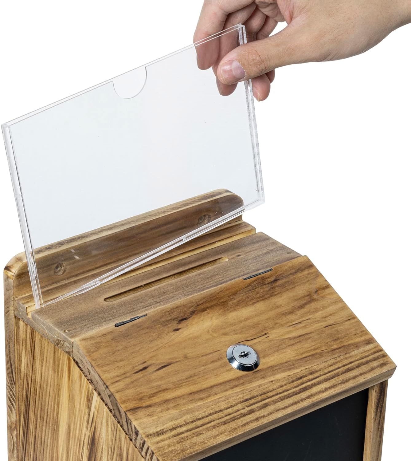 MyGift Tip Jar, Donation Box for Fundraising, Wood Suggestion Box with Lock and Key, Comment Ballot Raffle Box Wall Mountable, Clear Acrylic Sign Holder, Chalkboard Surface