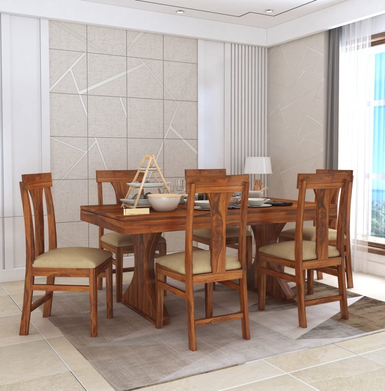 GT ARTS Solid Sheesham Wood Dining Room Sets 6 Seater Dining Table with ...