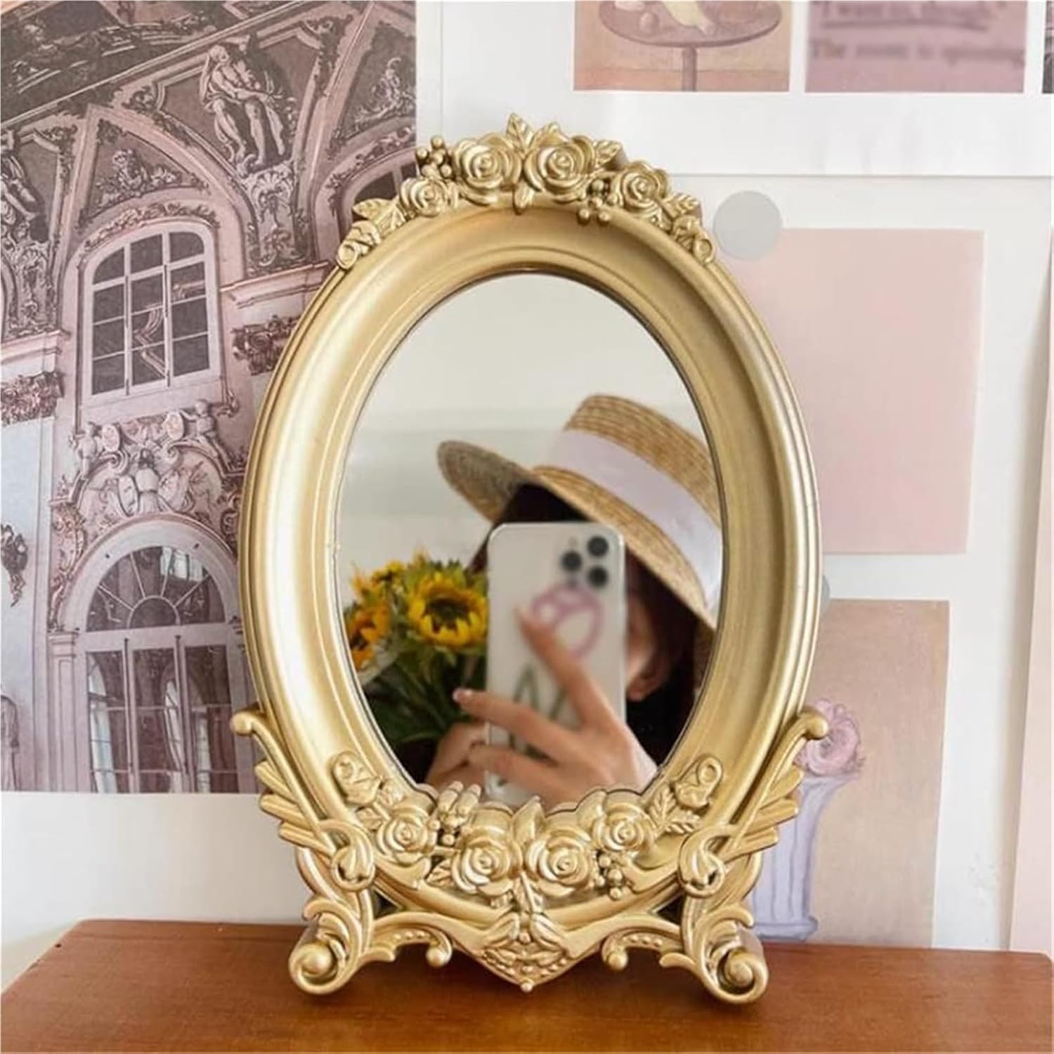 European Retro Makeup Mirrors Golden Desktop Household Princess Dressing