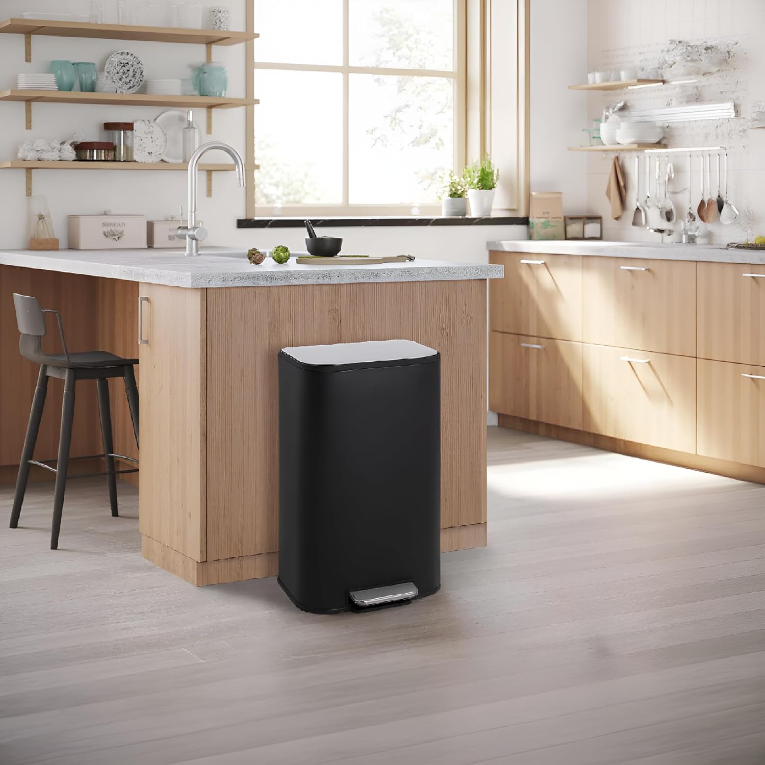 IDEALHOUSE 1 Pcs Trash Can, Stainless Steel Kitchen Garbage Bin with Slow-Close Lid & Removable Buckets, Step-on Pedal, Odor Control,for Home Office Bathroom(Black,30L)