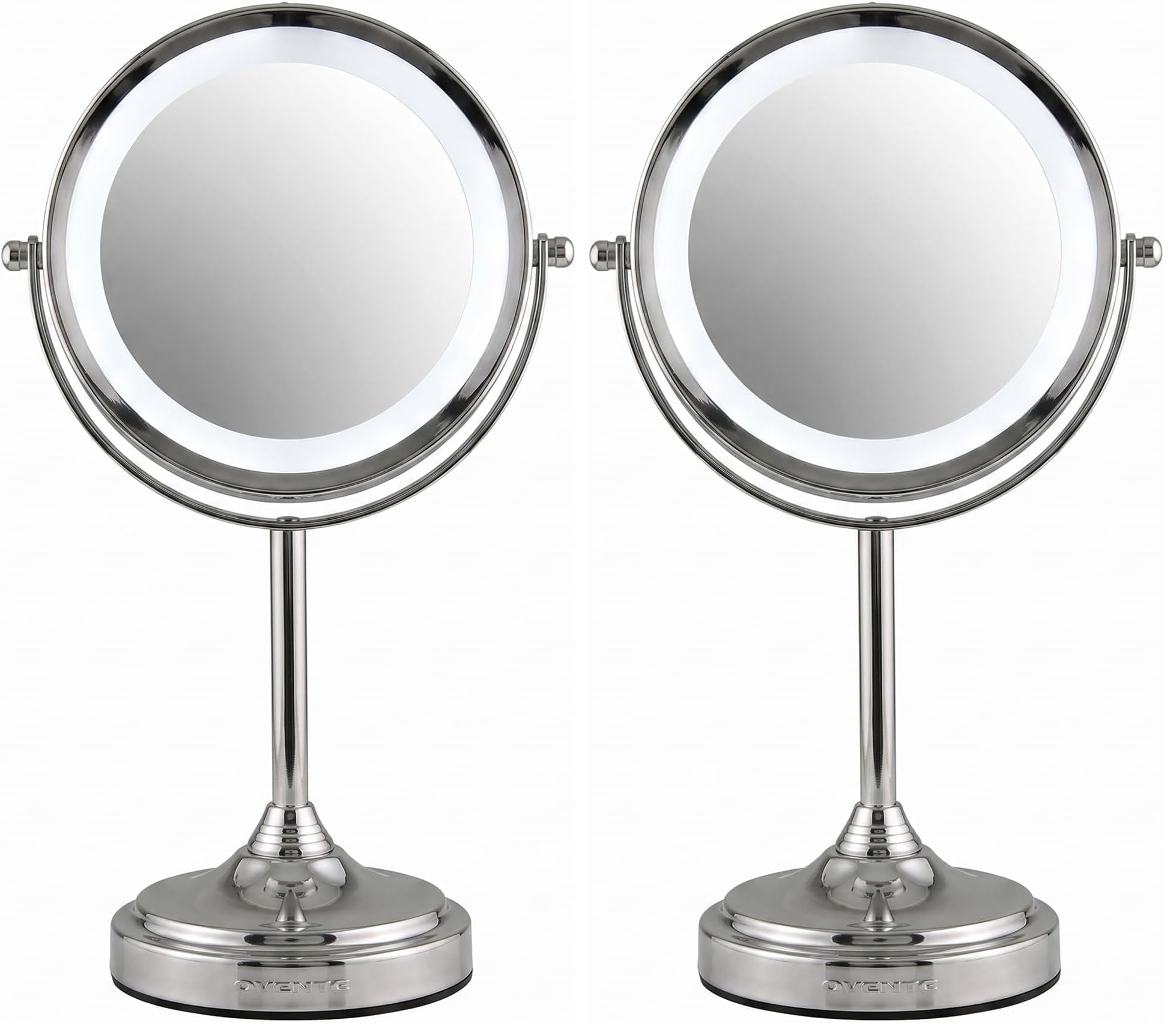 OVENTE 7'' Lighted Tabletop Makeup Mirror, 1X &amp; 7X Magnifier, Spinning Double Sided Round LED, Great for Vanity, Bath, &amp; Bedroom, Battery Powered, Polished Chrome MCT70CH1X7X (Pack of 2)