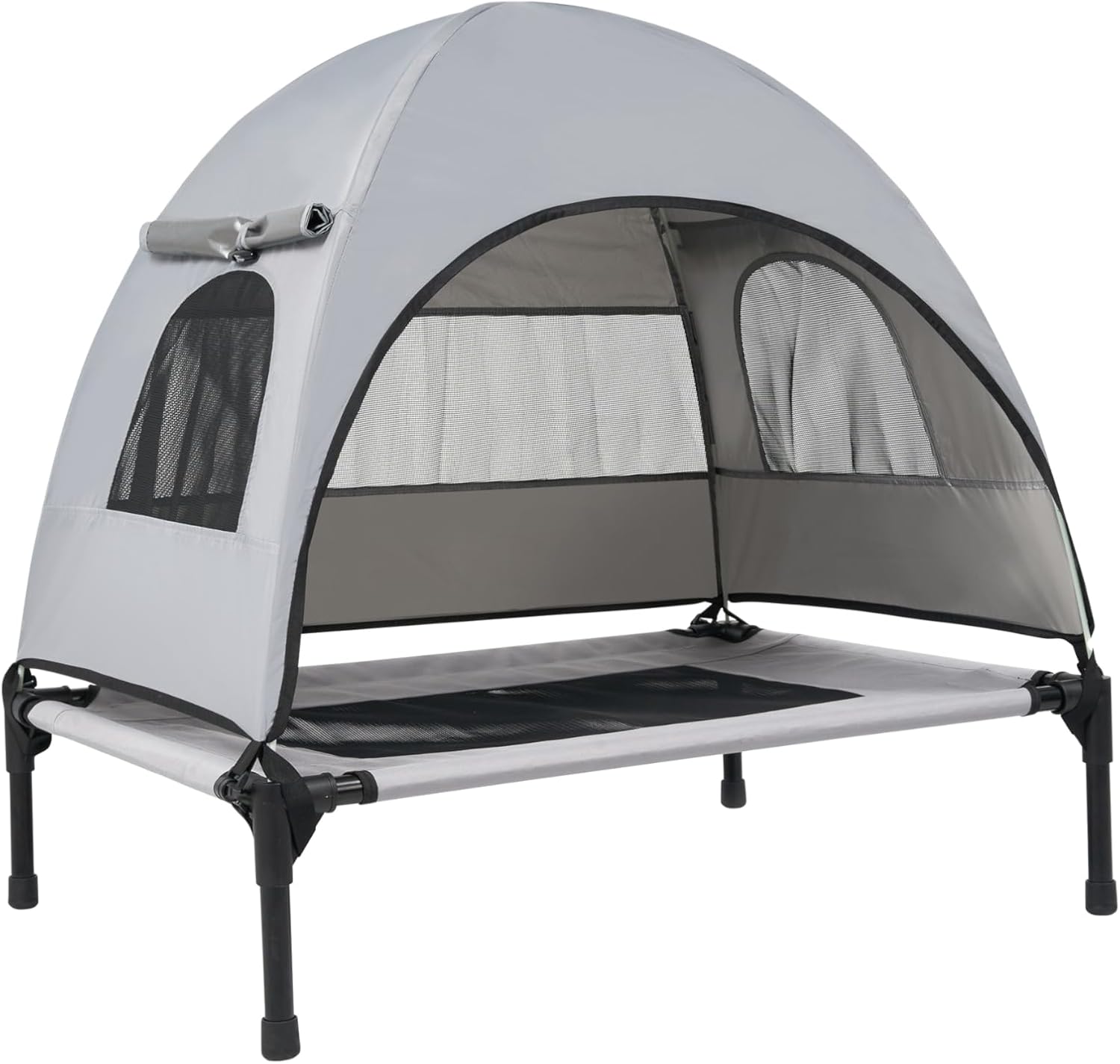 2-in-1 Elevated Dog Bed with Removable Canopy,Grey Oxford Fabric &Breathable Mesh Cooling Surface,8 inch Raised Pet Cot with UV Protection for Camping, Backyard & Travel (Small,24x32x32in).