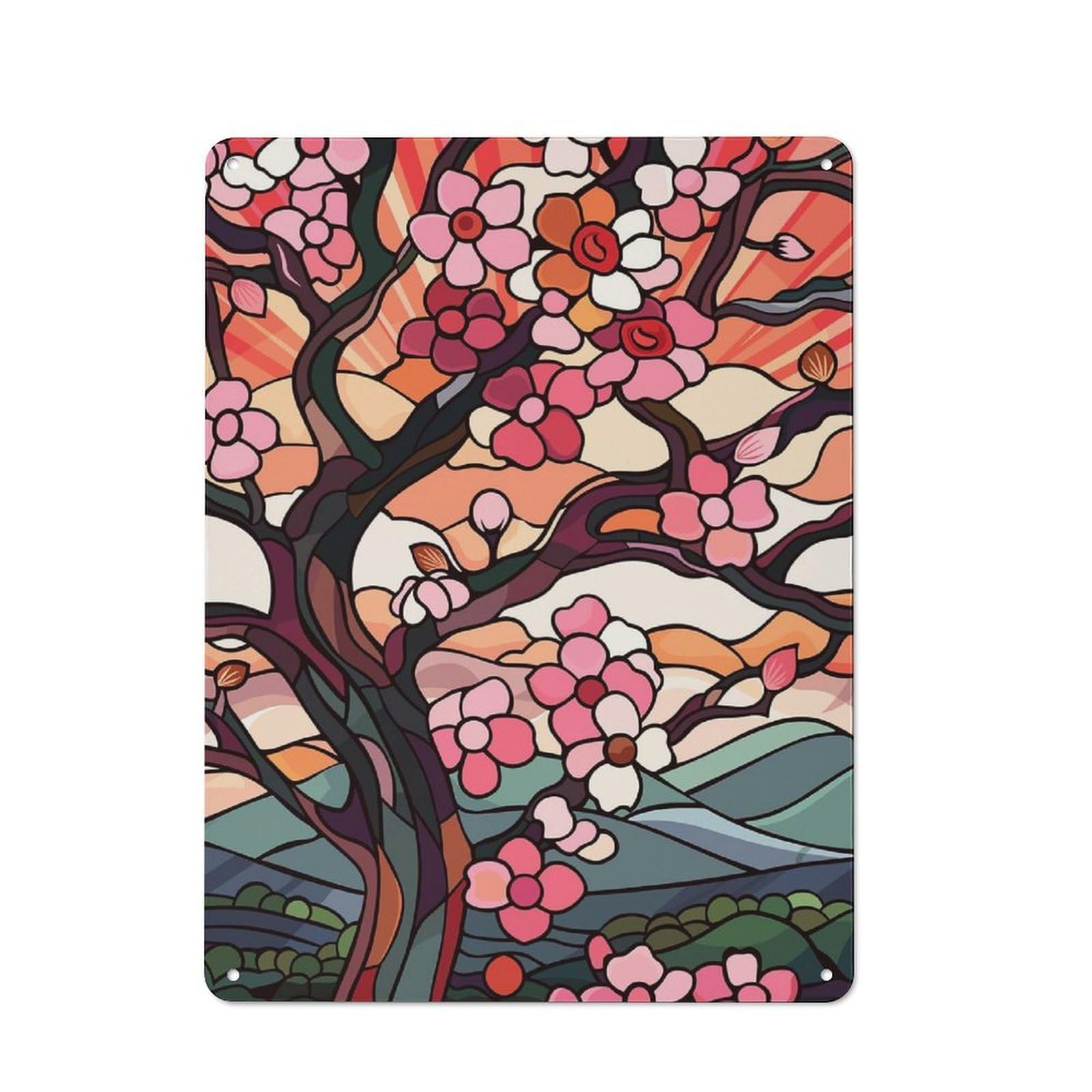 Junmoney Style-23 For Hallway Wall, Stained Glass Cherry Blossoms At Sunset Vintage-Inspired Metal Sign 40X30cm, A Moving-Home Gift For Collectors Of Tin Signs