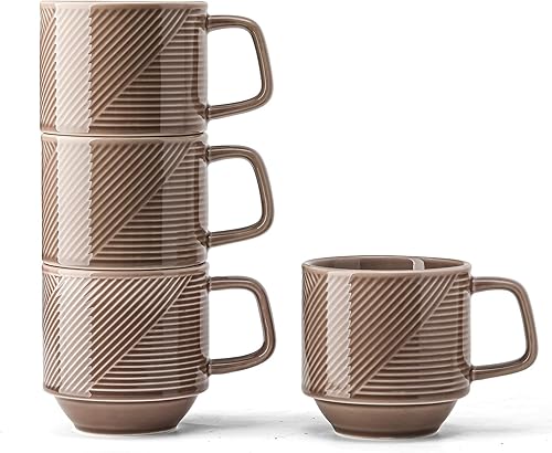 Adewnest Juego de tazas de café apilables 4 tazas de café apilables grandes de 13 onzas de cerámica para capuchino latte - Tazas de té de porcelana Adewnest Juego de tazas de café apilables 4 tazas de café apilables grandes de 13 onzas de cerámica para capuchino latte - Tazas de té de porcelana