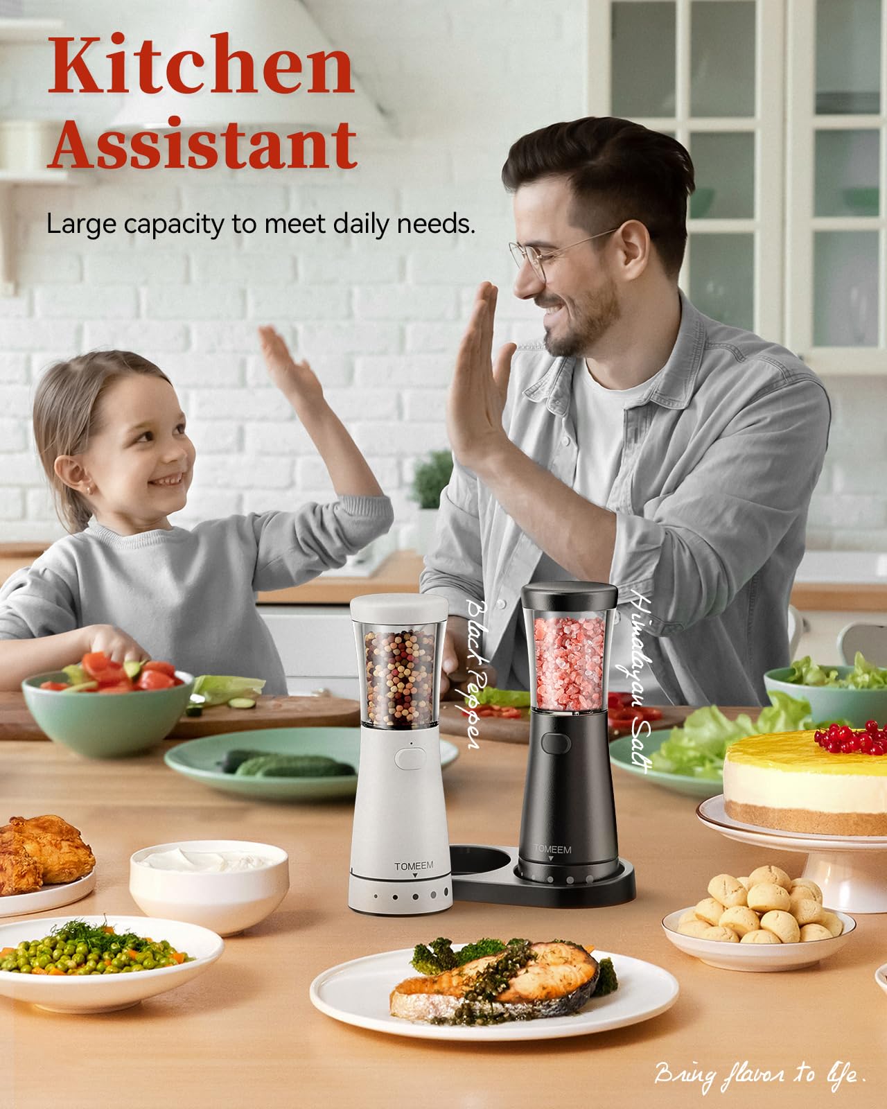 Set macina sale e pepe elettrico con base di stoccaggio, in acciaio inox ricaricabile per sale e pepe, con grande capacità di 127,6 g, bocca larga 4,6 cm, grana regolabile, nero e bianco