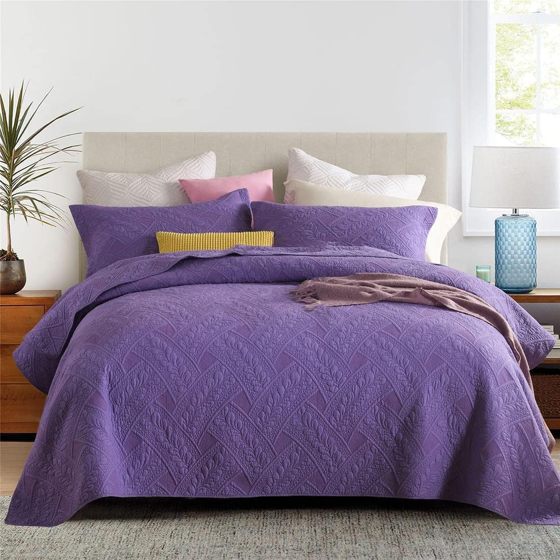 vctops 3-Piece Cotton Quilt Sets Floral Embroidery Bedspread Bed Cover Coverlet Comforter 1 Quilt and 2 Pillow Shams (Purple, Queen)