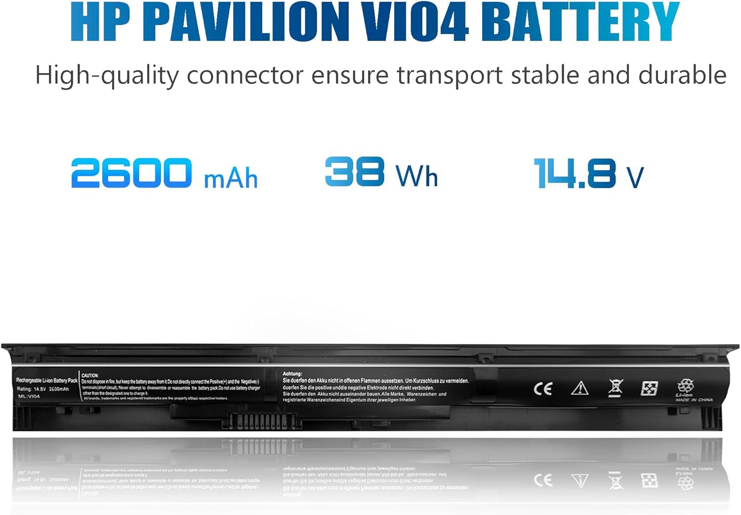 Image displaying the NATNO VI04 battery with its key specifications: 2600 mAh capacity, 38 Wh energy, and 14.8 V voltage.