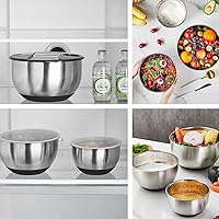 Vista 7 de Juego de 3 cuencos para mezclar con tapas, paquete de 3 tazones de acero inoxidable con tapas herméticas, parte inferior antideslizante