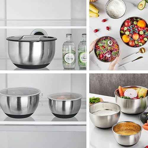 Miniatura 7 de Juego de 3 cuencos para mezclar con tapas, paquete de 3 tazones de acero inoxidable con tapas herméticas, parte inferior antideslizante para Negro