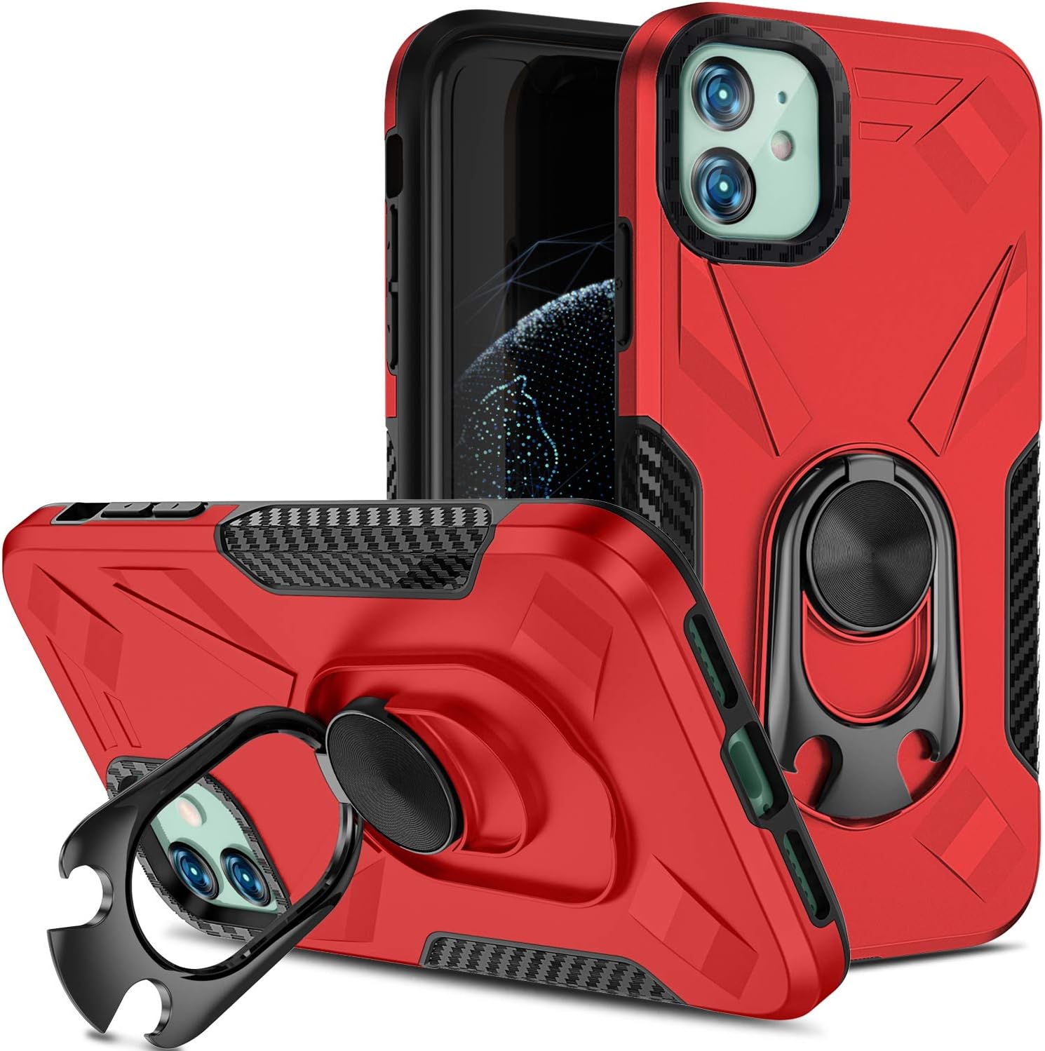 Charlam iPhone 11 Pro Case Heavy Drop Protection Shock Absorption Cover Case with Larger Rotatable Metal Ring Holder Sleek Durable Dual Layer Cover Designed for Apple iPhone 11 Pro 5.8 Inch, Red