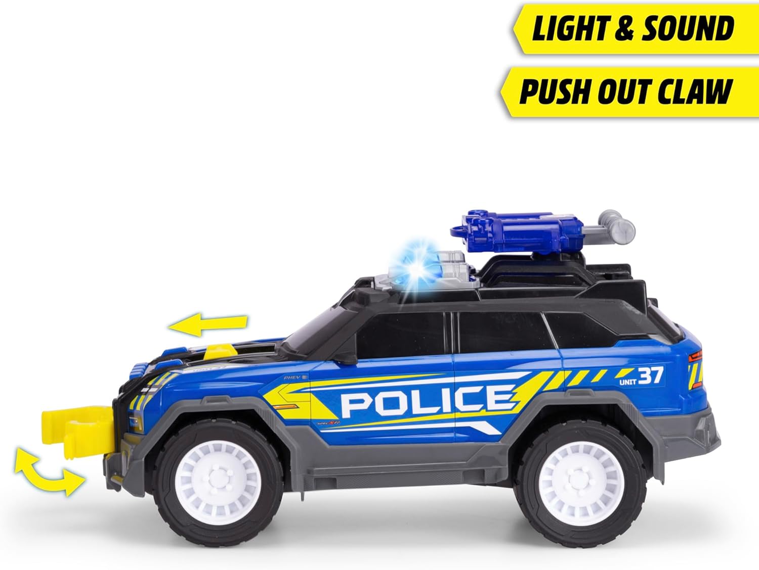 Side view of the Dickie Toys Police SUV showing the front grab arm extended and blue lights activated.