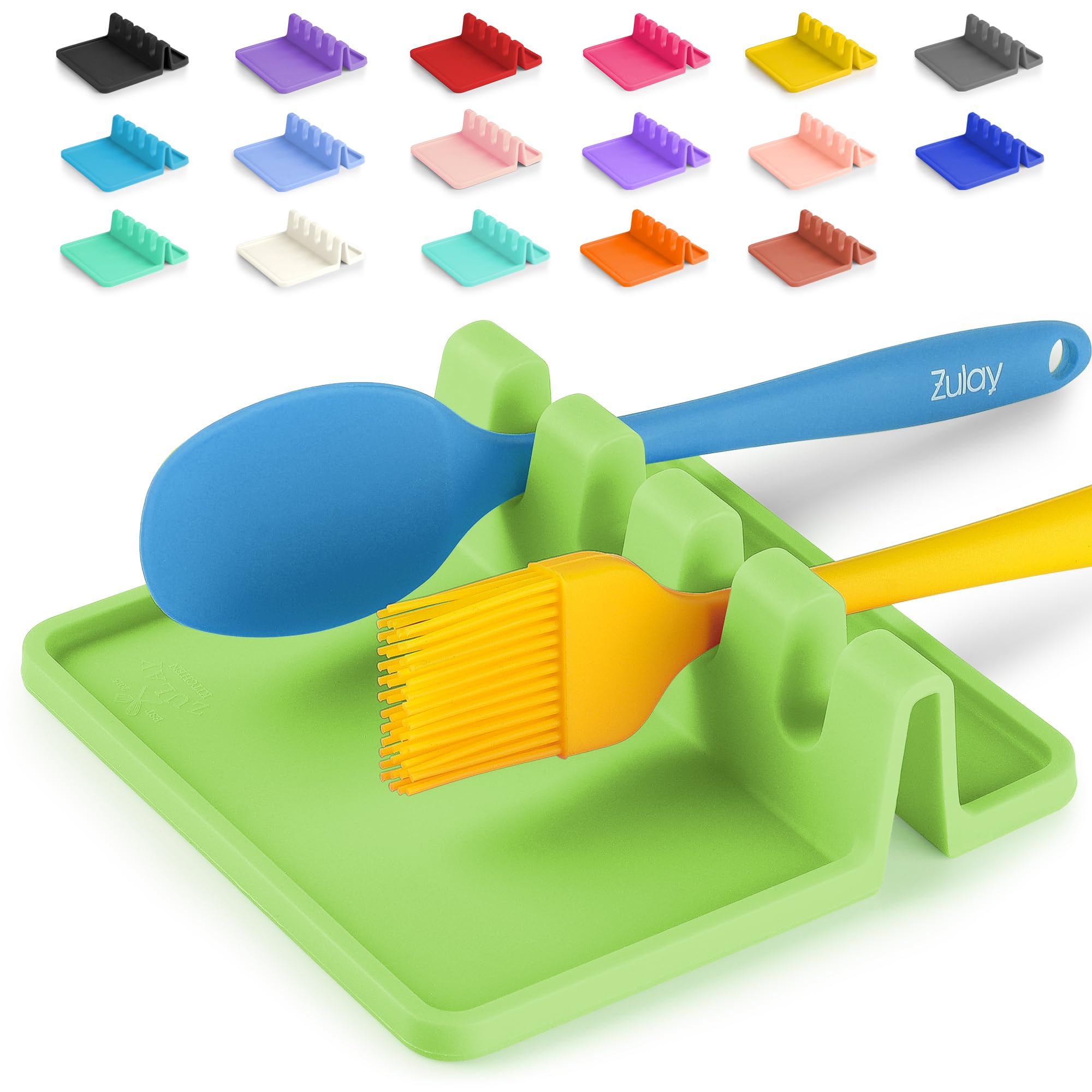 Zulay Kitchen Silicone Utensil Rest with Drip Pad for Multiple Utensils - BPA-Free, Heat-Resistant Spoon Rest &amp; Spoon Holder for Stove Top - Kitchen Utensil Holder for Ladles &amp; Tongs - Green