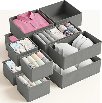 Drawer Organiser Foldable, 12 Pack Grey Fabric Drawer Dividers, Wardrobe Storage Organiser for Drawers, Closet, Stackable Cloth Storage Box for Underwear, Bras, Socks, Ties, Towels, Shirts