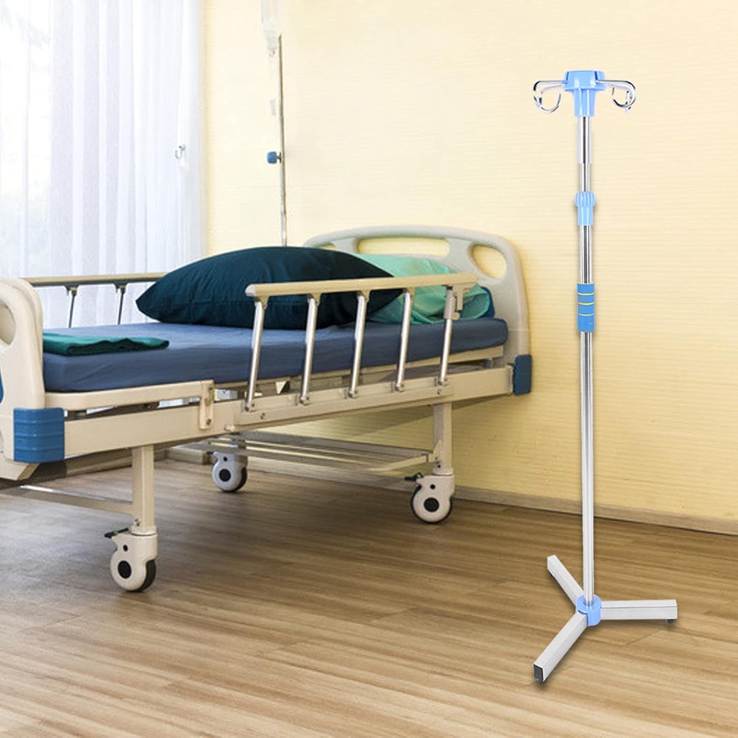 Supporto per Asta Portaflebo, Supporto Portatile Pieghevole per Sacche per Fluidi Flebo con 4 Ganci E 3 Ruote, Supporto per Sacche Flebo in Acciaio Inox Regolabile in Altezza per Ospedali,