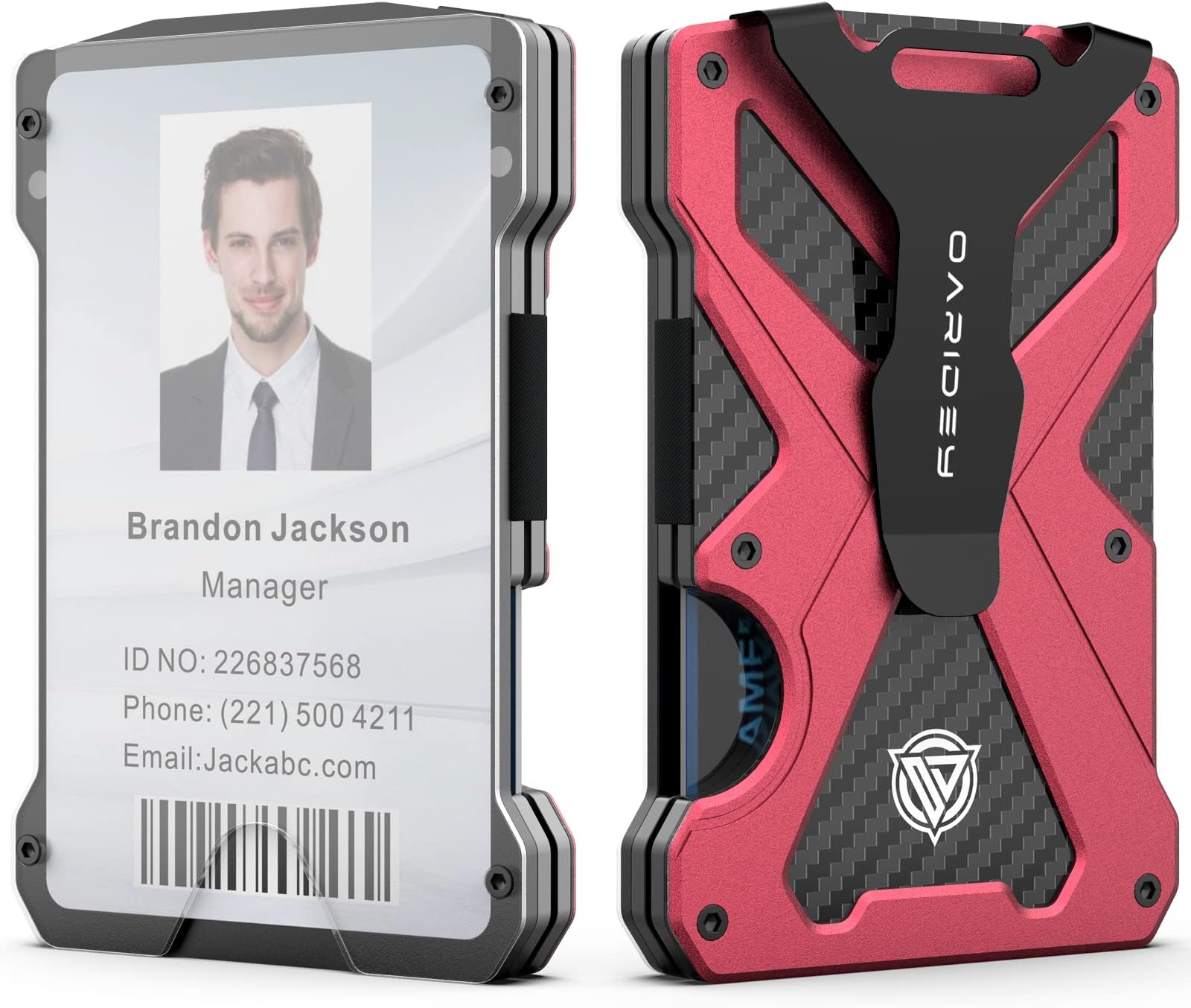 Minimalist Wallet for Men- Slim Aluminum Metal Money Clip Wallet with Clear ID Card Holder, Carbon Fiber Wallet, RFID Blocking,Holds up 15 Cards with Cash Clip,Ultra-Thin Tactical Wallet- Red