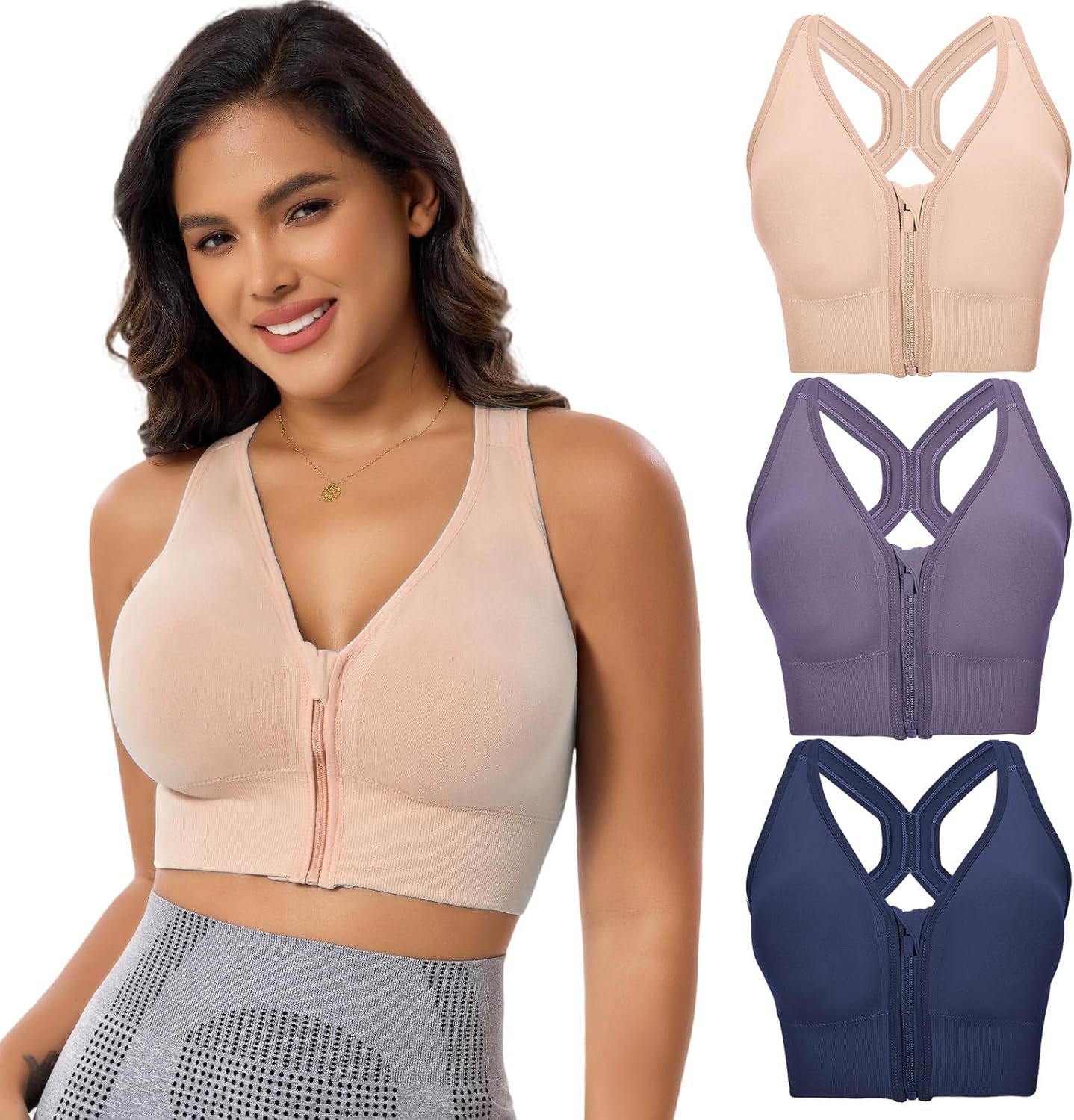 3-Pack Sports Bras for Women Set Zip Front Front Closure Sports Bra Push Up Padded Bra for Running Yoga Exercise Pilates