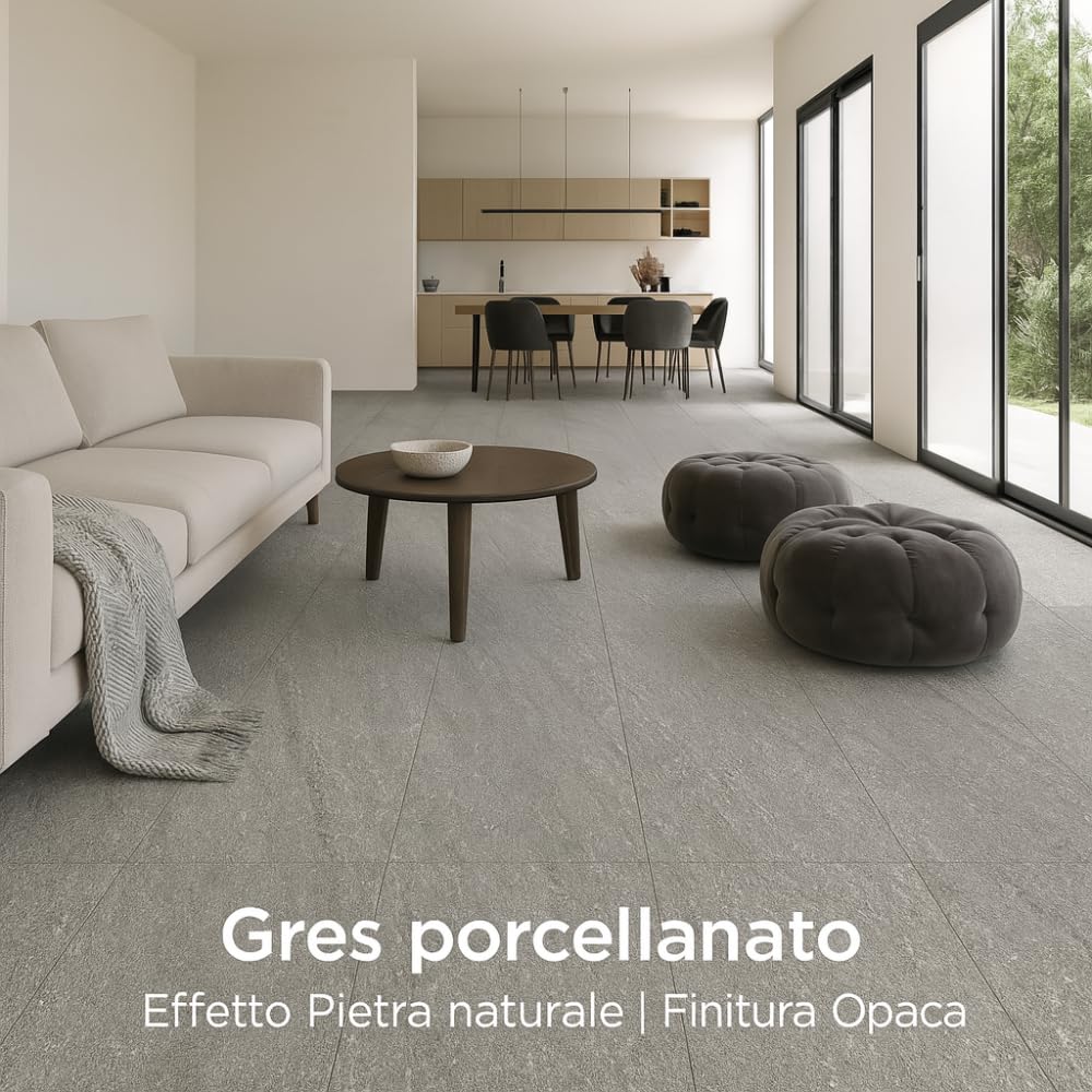 FORTUNATO Piastrella Interni Esterni Gres Porcellanato Rettificata Superficie Bocciardata Finitura Opaca London Grey 60x120 cm (London Grey, 1,44 m²)