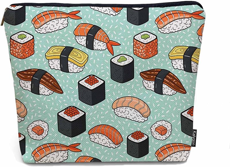 Necessaire de viagem Kalygon com estampa de sushi e zíper, em tecido de linho, 23 cm x 18 cm