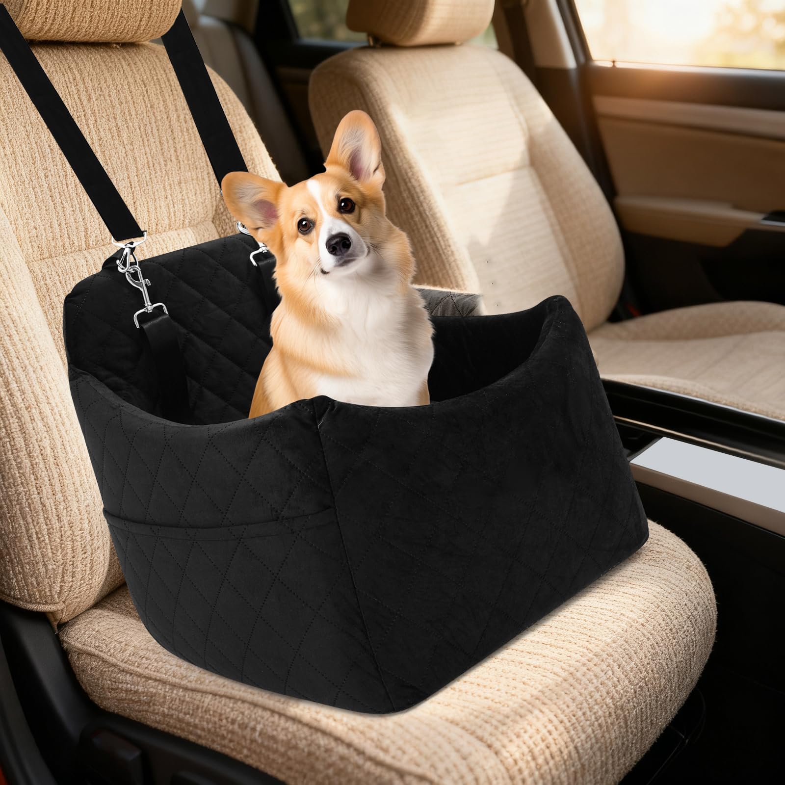 Asiento de coche para perros pequeños/medianos de menos de 15 kg, asiento de coche para mascotas desmontable y lavable, con 3 cinturones de seguridad y almohadilla, cama para perro, color negro