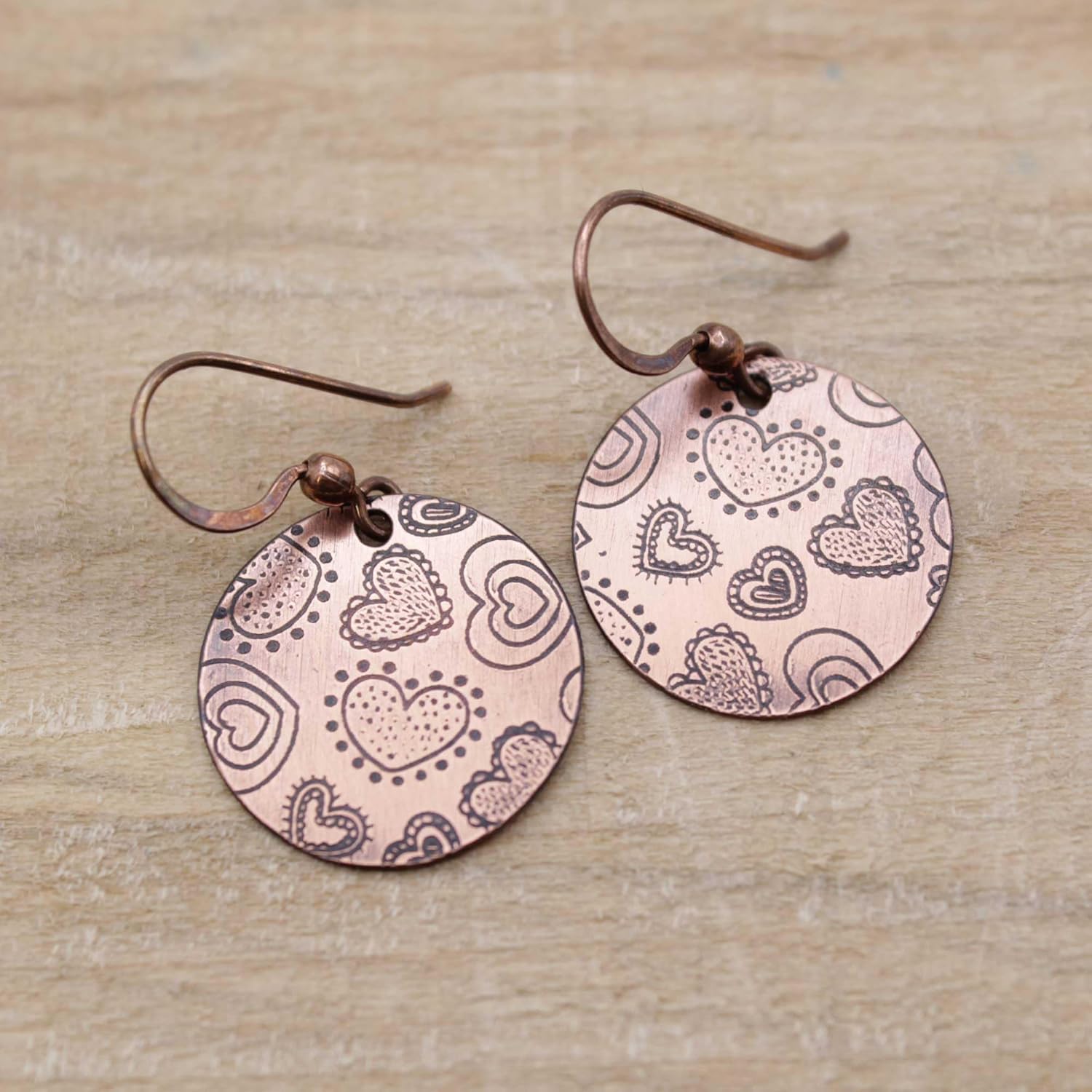 Pillar of Salt Studio Handcrafted Solid Copper Doodle Heart Earrings (Antiqued Copper, 3/4" drop)