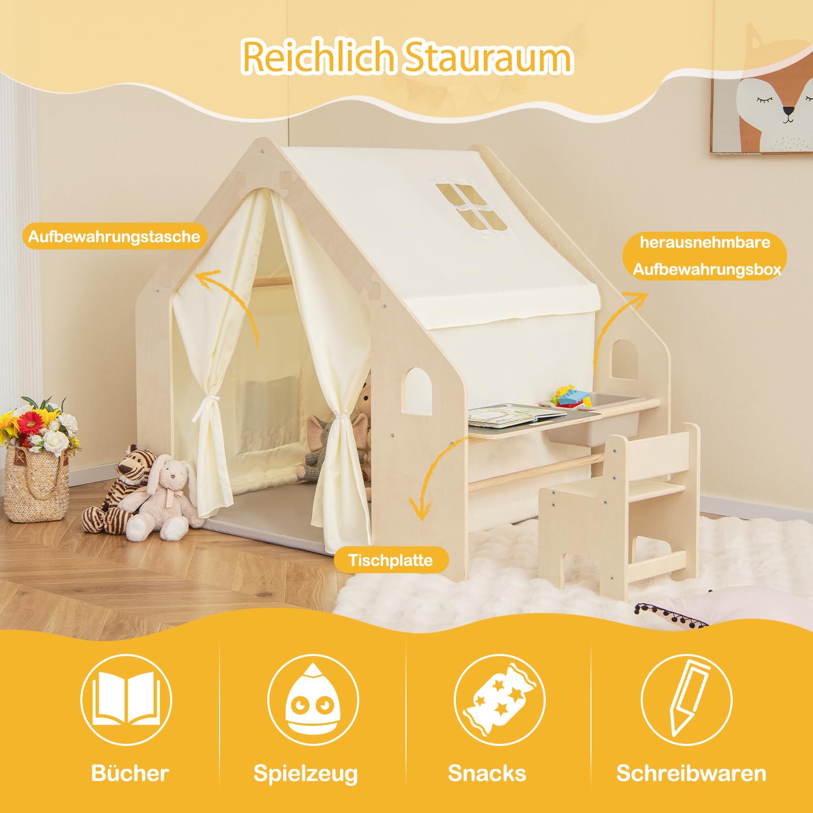 GOPLUS 6 in 1 Kinderzelt, Spielzelt Holz mit Schreibtisch, Stuhl & doppelseitige Tafel, Spielhaus Montessori mit Stauraum, Matte & Vorhänge, Holzspielzelt Indoor für Kinder von 2-6 Jahren (Klein)