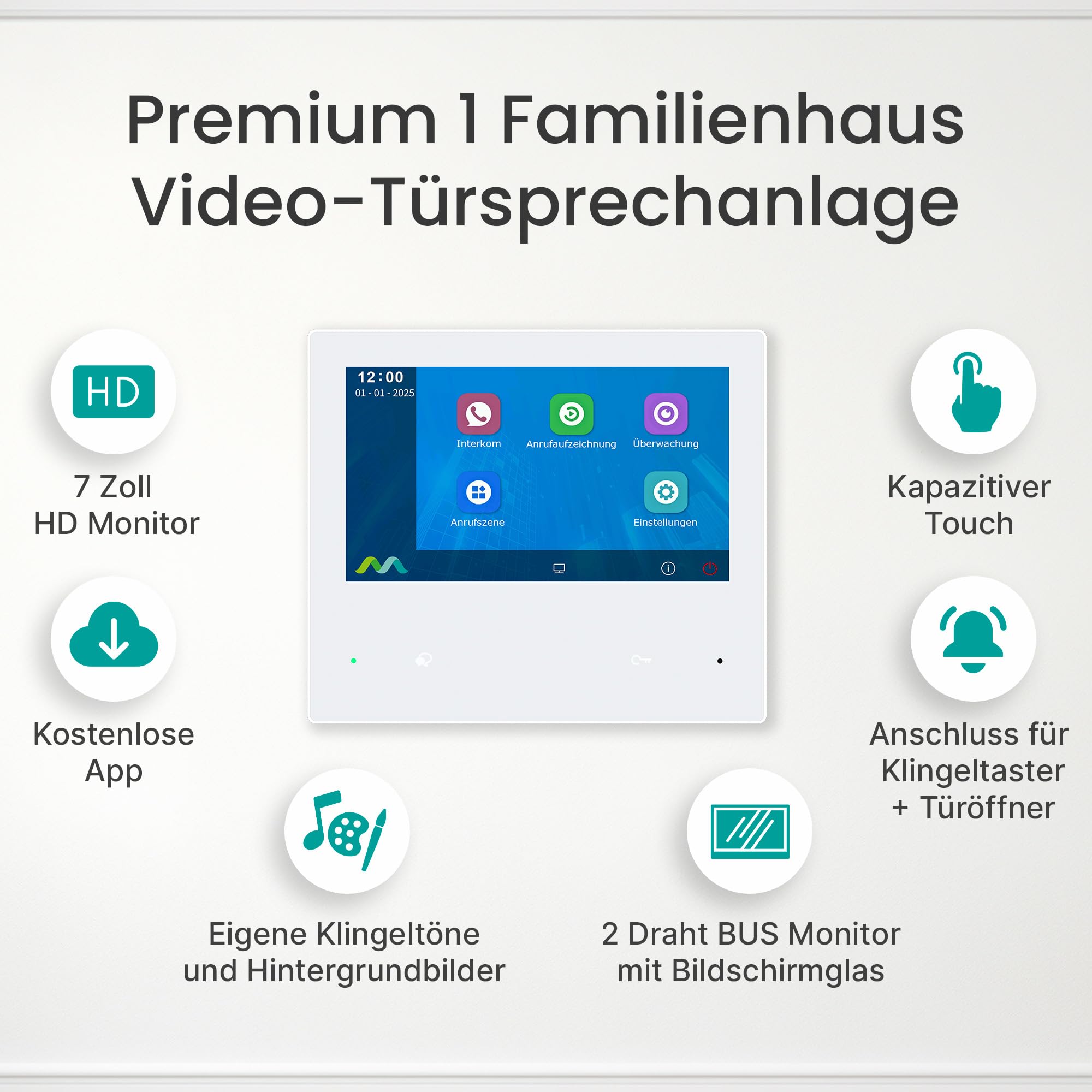 MATHFEL Video Türsprechanlage für 2 Familienhaus mit 2 Jahren Garantie - 7-Zoll 2 Megapixel Full HD Kamera mit Weitwinkel und Fingerprint - Türklingel mit Kamera 2 Familienhaus