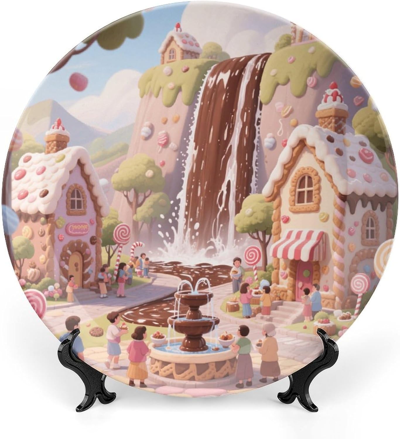 Bone China Decorative Plates Chocolate Falls Town Ceramic Decorative Plate Wall Decor with Display Stand Ceramic Ornaments for Wall Hanging Decoration