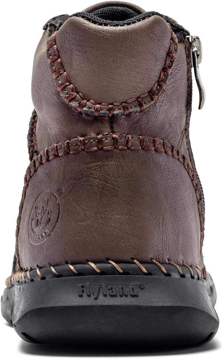 FLYLAND Men's Leather Mid Top Ankle Boots Side Zipper Casual Work Shoes | Lace-up outdoor walking fashion design, rugged rubber traction sole, durable leather for daily styling